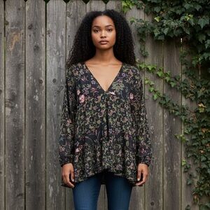 Free People Isabelle Floral Mesh Draped Tunic Top Black Combo Fairy XS Oversized